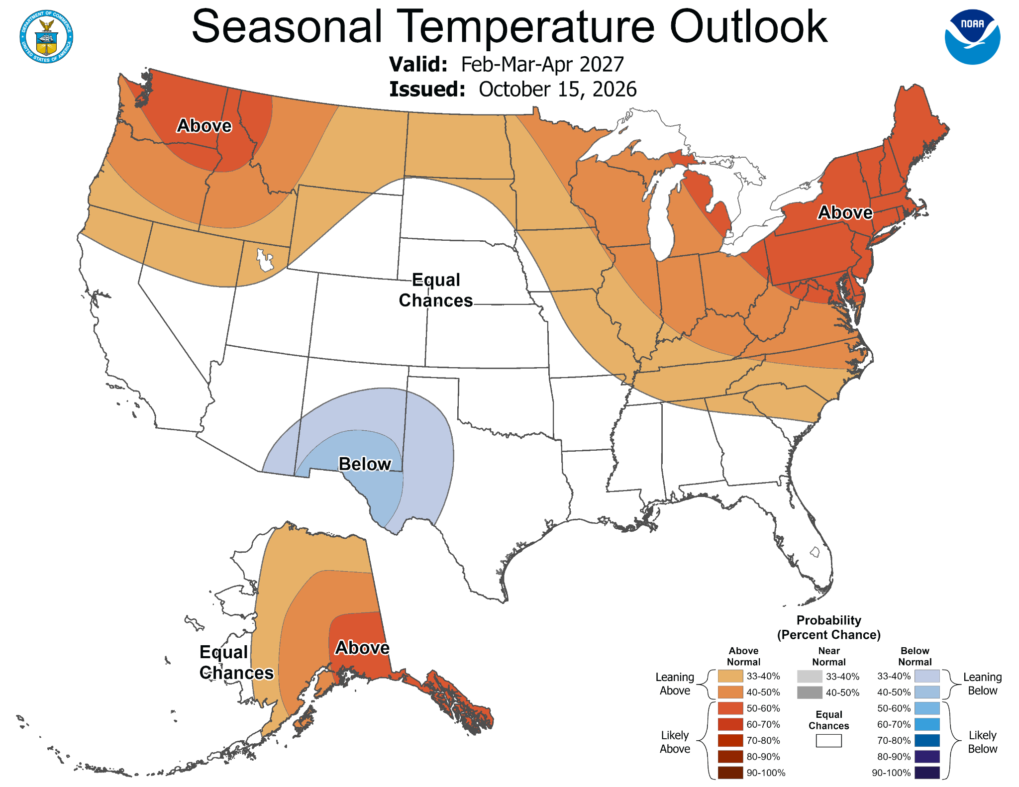 Contemporary NOAA forecast illustration, valid February–April 2027.